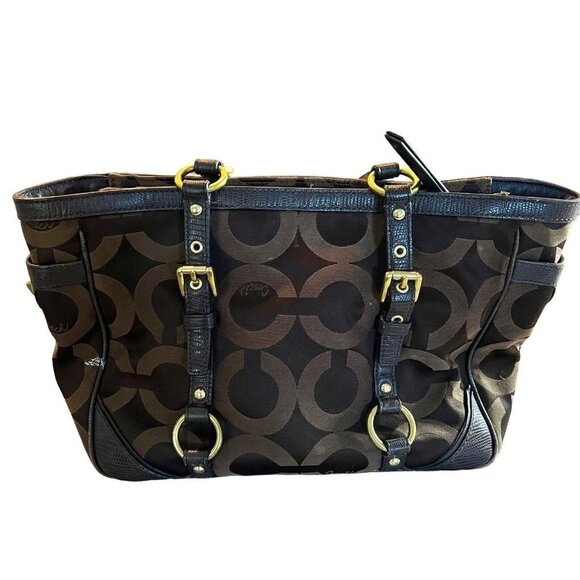 Coach Op Art Sateen chocolate color handbag - Picture 2 of 16